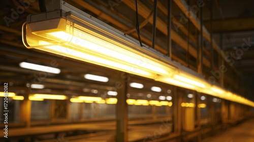 Wallpaper Mural Medium shot of sleek LED warehouse lights glowing warmly with the foreground sharp while the background softly blurs showcasing energyefficient illumination. Torontodigital.ca