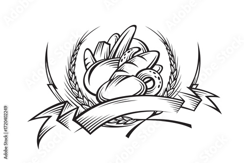 monochrome banner of breads and wheat ears isolated on white background