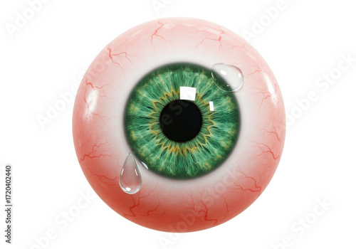 Isolated green eyeball with two tears, realistic and with red veins visible around it