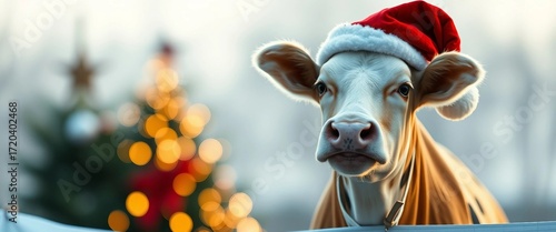 Cute cow in santa hat on white banner Merry Christmas concept