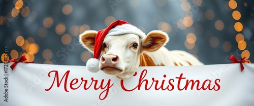 Cute cow in santa hat on white banner Merry Christmas concept