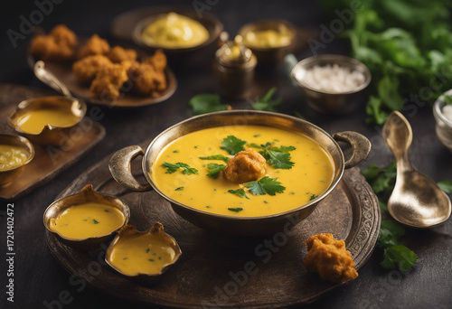 Creamy kadhi pakora as the main attraction The golden yellow kadhi with soft pakoras