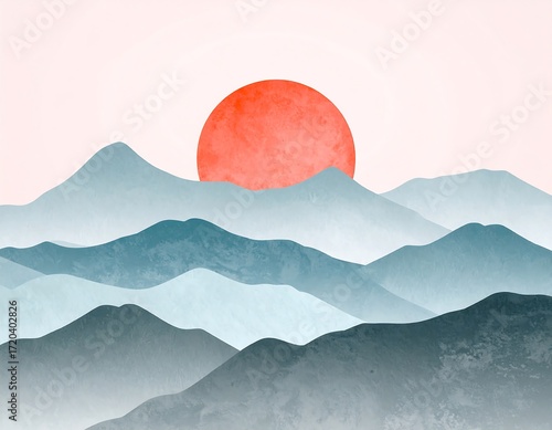Pastel mountains and a vibrant sun