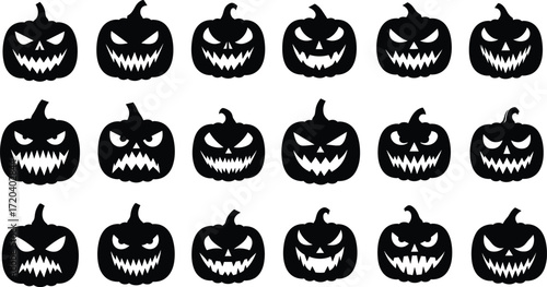 Halloween jack-o’-lantern faces, pumpkin silhouette vector, spooky carved pumpkin artwork, scary Halloween design, isolated festive illustration, decorative seasonal graphic