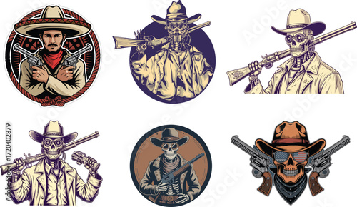 Skeleton Cowboys with Guns and Rifles Cartoon Illustrations western