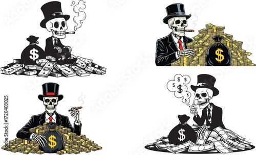 Skeleton figures in suits with piles of money and cigars Keywords: skeleton, death, money