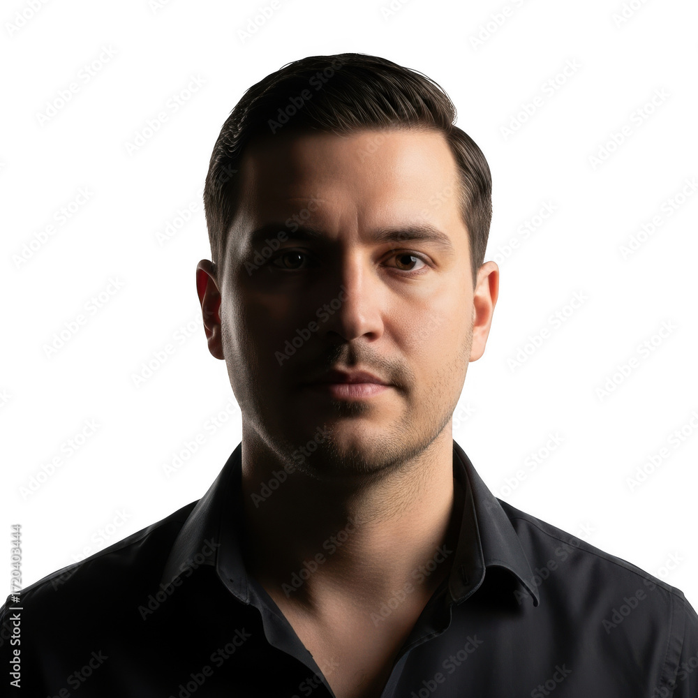 Fototapeta premium Dramatic portrait of a man with intense gaze and shadowed face lighting