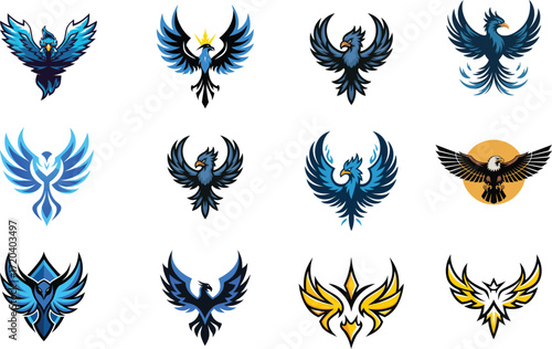 Twelve Stylized Phoenix And Eagle Bird Illustrations myth legend