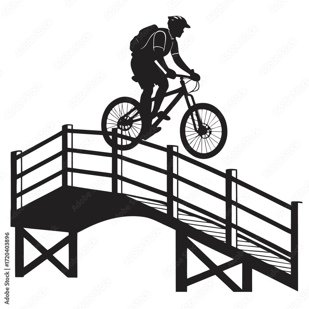 Fototapeta premium Cyclist crossing wooden bridge silhouette