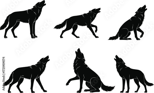 wolf, animal, silhouette, howl, sit, stand, pose, icon, vector, illustration, black, white, nature, wildlife, anatomy, behavior, forest, predator, night, design