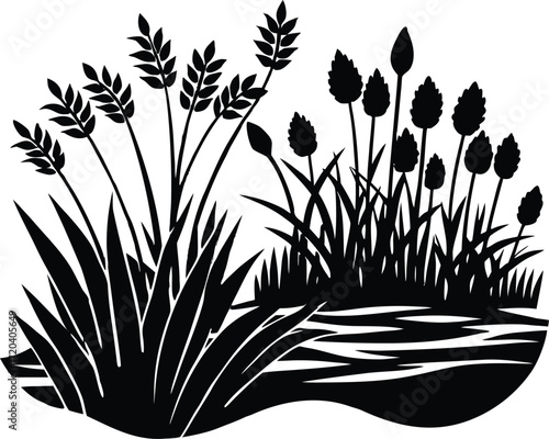 Riverbank Plants Silhouette | Botanical Shoreline Vector