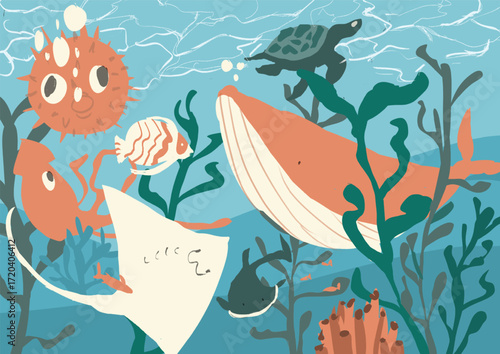 Colorful Underwater World with Cute Sea Animals Illustration drawing for children bedroom wall kids