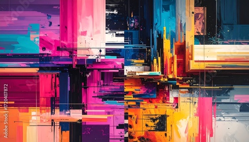 Abstract, geometric artwork composed of rectangular and linear shapes, vibrant colors like pink, blue, and yellow create a dynamic composition