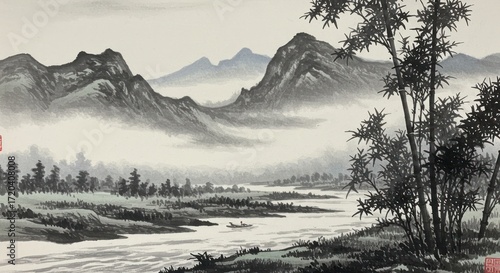 Ink wash painting of mountains trees water and mist in a monochrome palette.