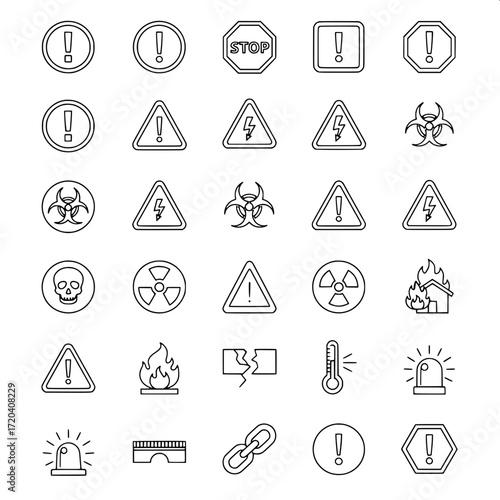 “Modern icon pack: 36 simple line icons arranged in a square grid, representing risk and alert situations. Includes exclamation marks, stop signs, warning signals, fire hazard symbols, and emergency s