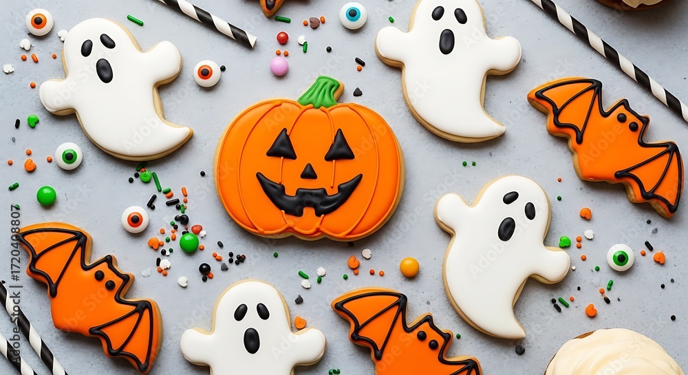 Fototapeta premium Halloween Cookies with Ghosts, Pumpkins, and Bats for Spooky Party Treats