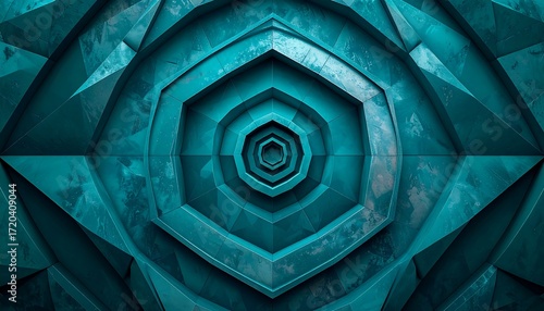 Abstract, geometric artwork in shades of blue and teal, featuring a symmetrical pattern reminiscent of an eye. Focus is on intricate shapes