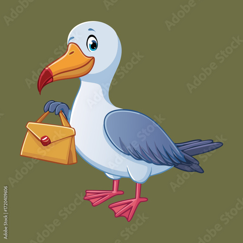 Adorable Seagull Character Carrying a Small Pouch or Bag, Ready to Deliver Something