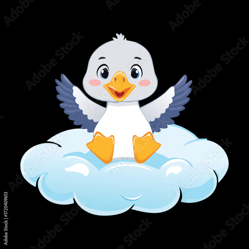 Cute Penguin Character Sleeping Soundly on a Soft, Fluffy White Cloud in the Sky