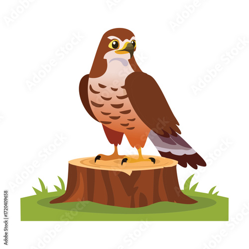 Proud Hawk Bird Perched on a Tree Stump with a Confident and Regal Pose