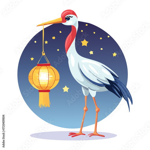 Peaceful Crane Bird Holding a Japanese Style Lantern with a Calming Night Sky Background