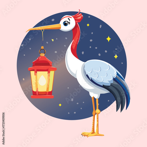 Elegant Crane Bird Holding a Traditional Japanese Lantern in a Serene Night Scene