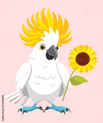 Adorable Cockatoo Mascot Holding a Large Sunflower and Spreading Joy and Happiness