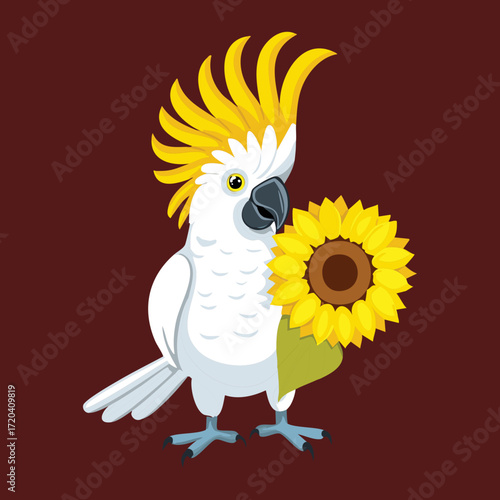 Sweet Cockatoo Bird Holding a Beautiful Sunflower with a Gentle and Happy Expression