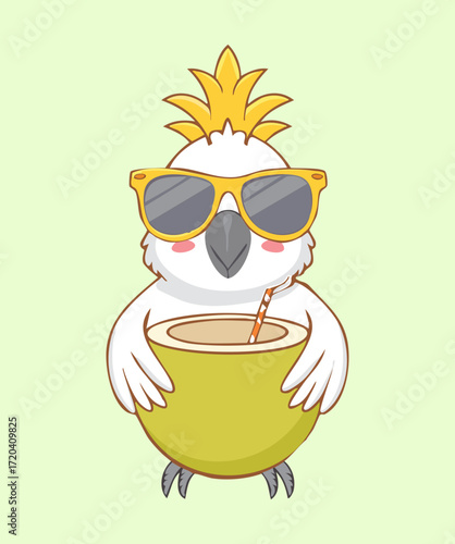 Stylish Cockatoo Character Wearing Sunglasses and Sipping a Coconut Drink on a Tropical Vacation