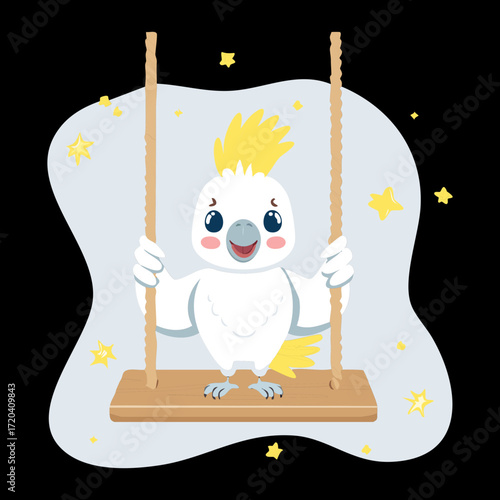 Cute and Happy Cockatoo Bird Sitting and Swinging on a Swing with a Big Smile