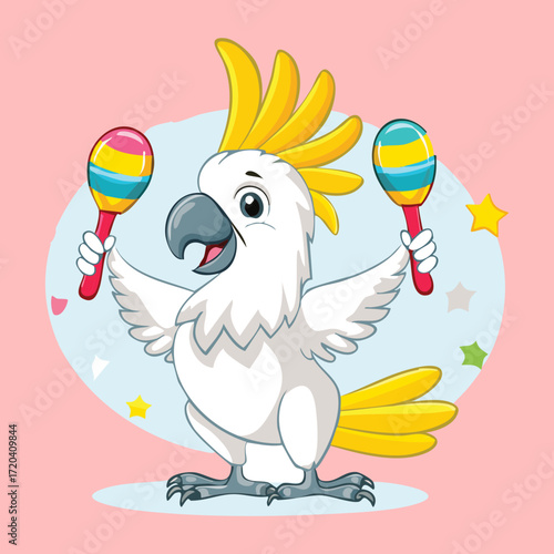 Playful Cockatoo Bird Holding Two Maracas Ready to Celebrate and Enjoy the Party