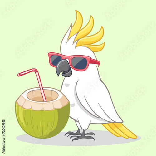 Cool Cockatoo Bird with Sunglasses Enjoying a Refreshing Coconut Drink on a Sunny Day