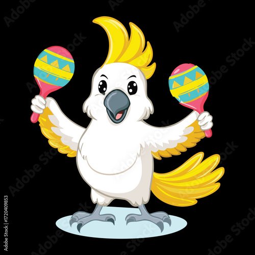 Cheerful Cockatoo Bird Mascot Playing Maracas with a Joyful and Celebratory Expression