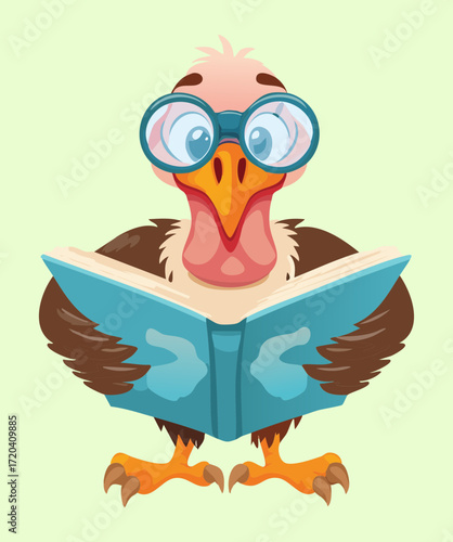 A scholarly turkey vulture wearing glasses and reading a book, a clever and humorous character design for educational themes