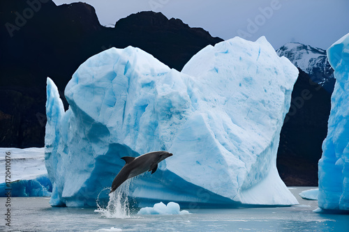 Dolphin Jumping in Front of Iceberg in Antarctica
