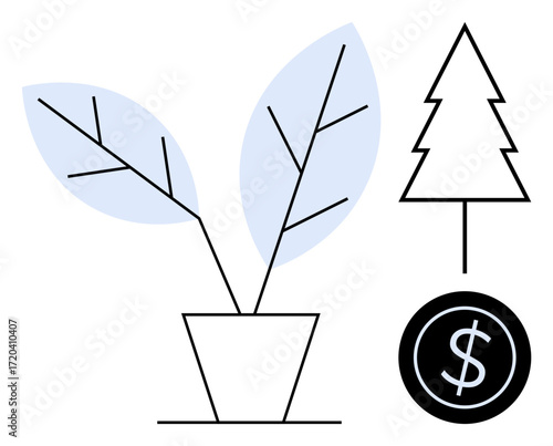 Abstract potted plant with minimal lines, a tree outline, and a dollar coin. Ideal for finance, investment, eco-business, sustainability, growth mindset environmental care and economic progress. A