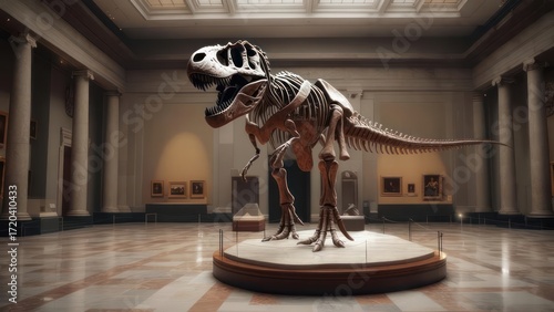 Dinosaur skeleton in a grand museum hall