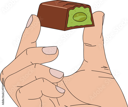 Hand holding a chocolate truffle with pistachio filling