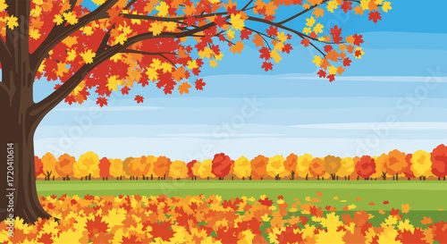Beautiful autumnal landscape with colorful trees and falling leaves