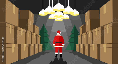 Santa Claus in a Christmas Warehouse