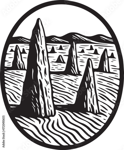 Pinnacles Desert linocut illustration, bold limestone pillars in black and white etching style