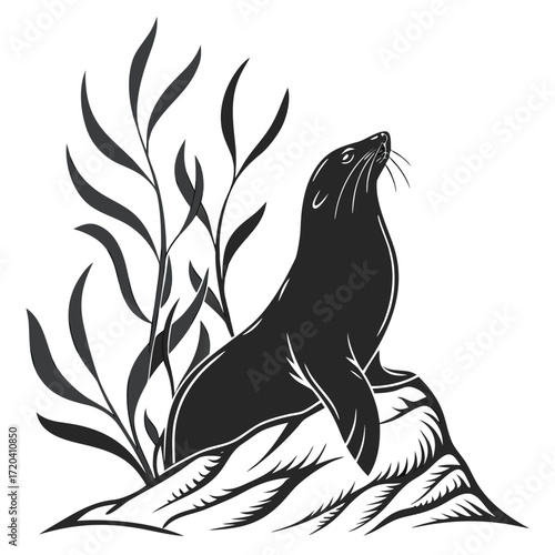 Seal resting on kelp bed silhouette