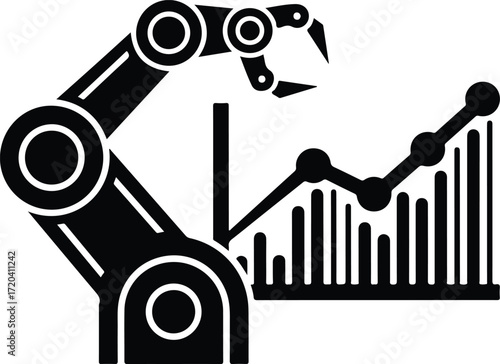 Silhouette robotic arm manipulating graph representing financial growth vector illustration