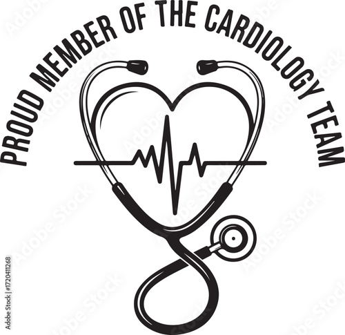 Proud member of the cardiology team heart stethoscope ekg line emblem medical healthcare professionals isolated on transparent background