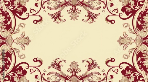 Elegant vintage damask border design with intricate swirling floral motifs in rich burgundy and gold tones on a soft cream background, perfect for invitations and luxury branding