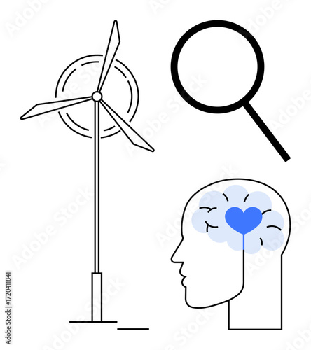 Wind turbine for renewable power, magnifying glass symbolizing research, and head with heart and brain for emotions and knowledge. Ideal for sustainability, innovation, research, self-awareness