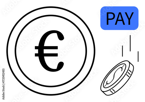 Euro coin with black outline, falling coin, and blue PAY label. Ideal for finance, transactions, savings, commerce, digital payment economy investment. Simple flat metaphor