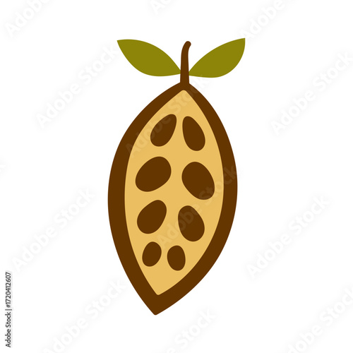 Vector cocoa pod with beans and green leaves isolated on white. Exotic fruit section illustration for chocolate production, gourmet dessert, bakery menu, and eco packaging.
