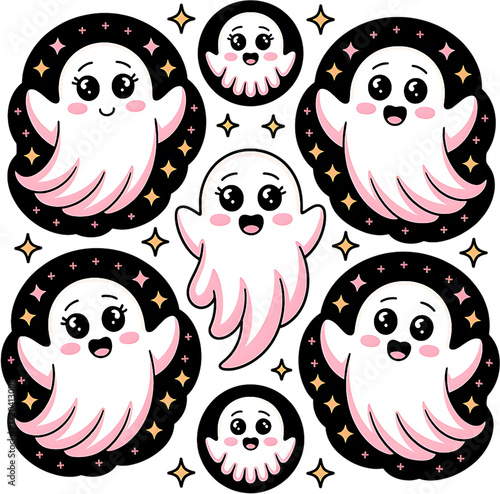 Adorable cartoon ghosts bring spooky sweetness to Halloween designs, perfect for fun, festive celebrations and charming children's projects with a playful, whimsical spirit