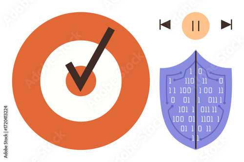 Check mark on a target symbolizes precision, binary-adorned shield emphasizes data protection, and media control buttons suggest system control. Ideal for cybersecurity, precision, digital